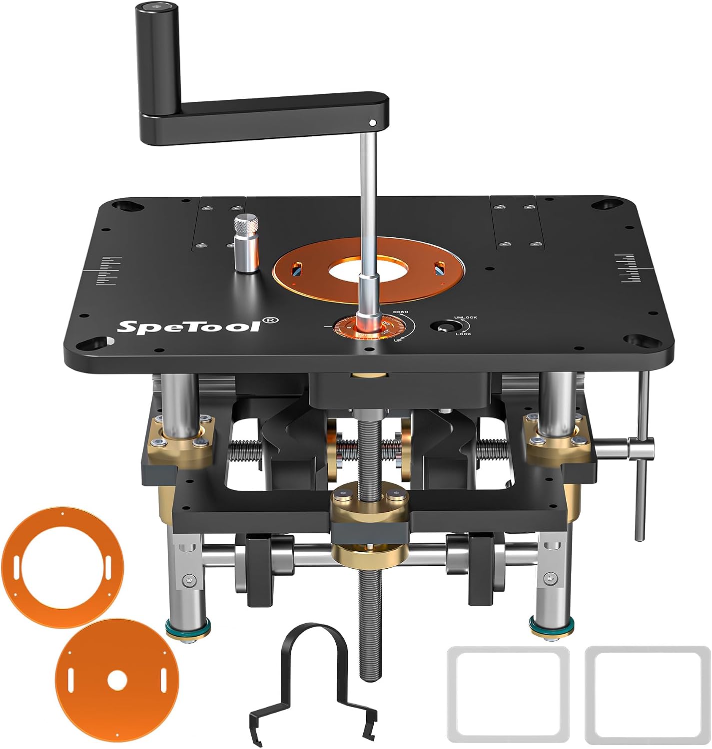 SpeTool Router Lift Kit for 1.25 HP, 2.25 HP, and 3.25 HP Router, Precision All-Aluminum Router Table Lift System with 3 Magnetic Insert Rings, 9-1/4'x11-3/4' Router Table Insert Plate for Woodworking