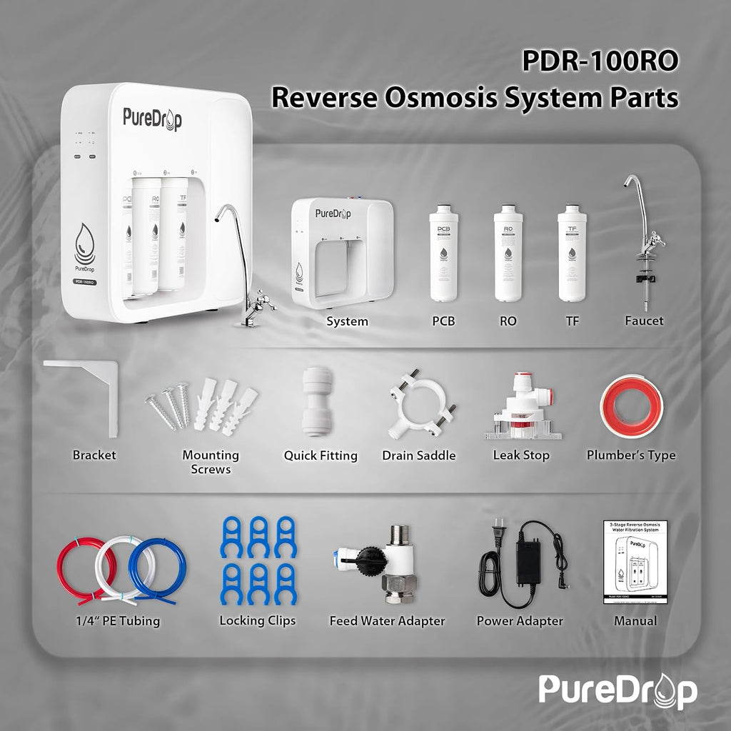 PureDrop PDR-100RO 3-Stage Under Sink Reverse Osmosis Drinking Water Filtration System, 100 GPD Fast Flow Built-in Tank RO Water Filter System, Reduce PFAS