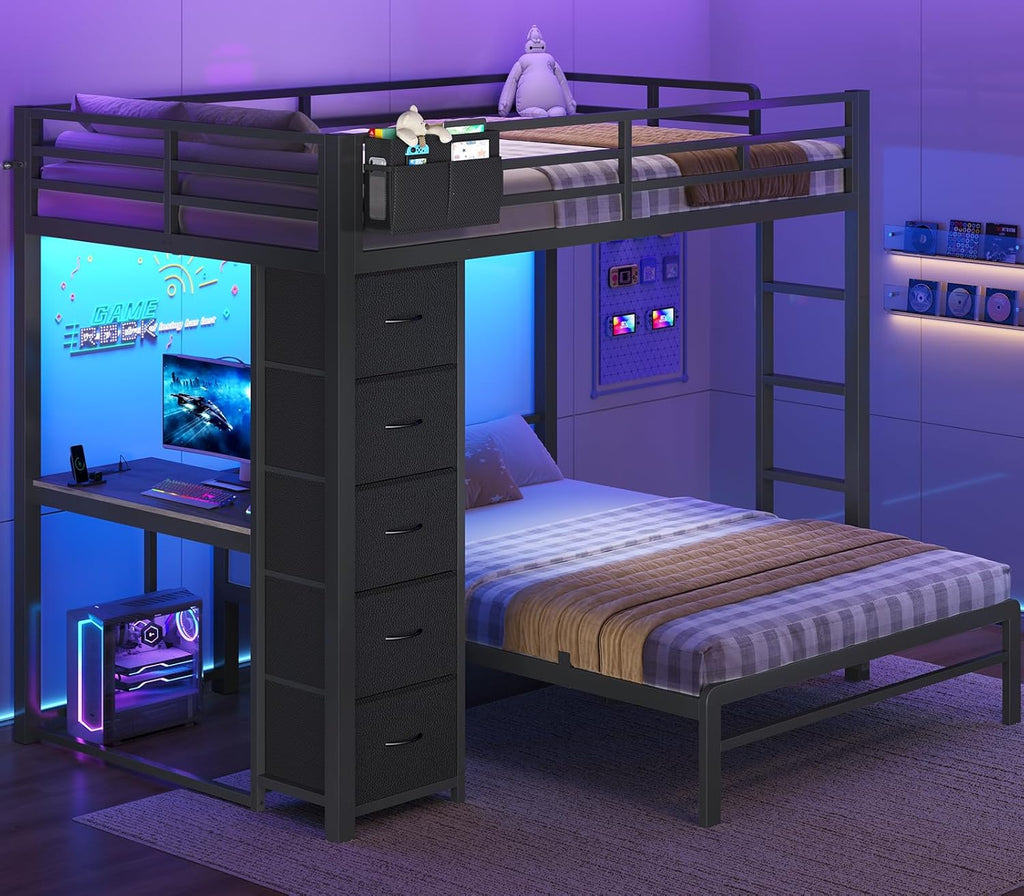 BTHFST Bunk Bed with Desk, Full Over Full Bunk Beds with 5 Storage Drawers & Charging Station, Full Size Bunk Bed with LED Lights & Safety Guardrail for Kids/Teens, Black