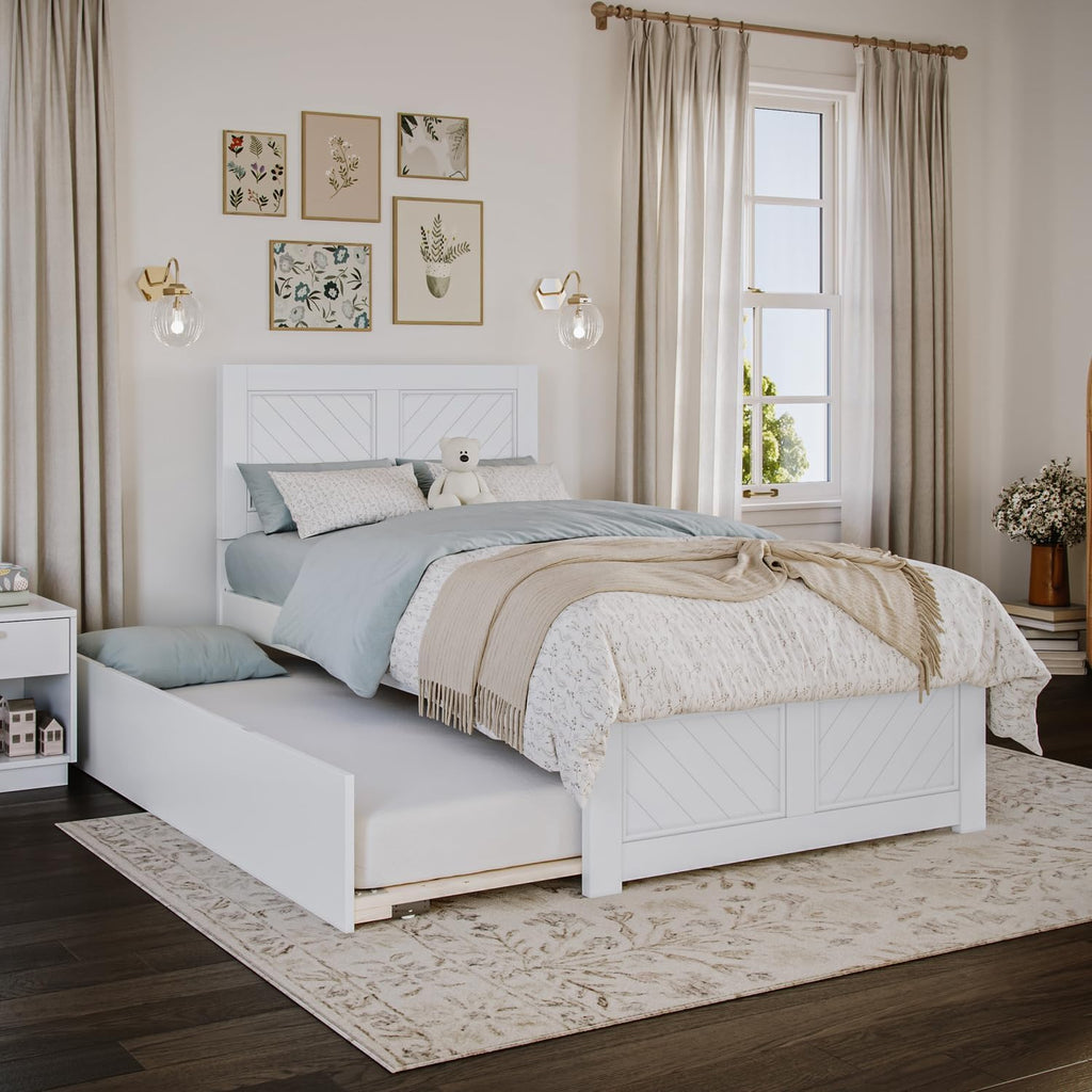 Maykoosh Twin Platform Bed with Matching Footboard & Twin Trundle in White