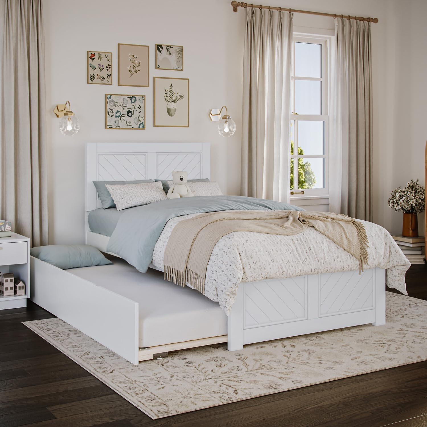 Maykoosh Twin Platform Bed with Matching Footboard & Twin Trundle in White