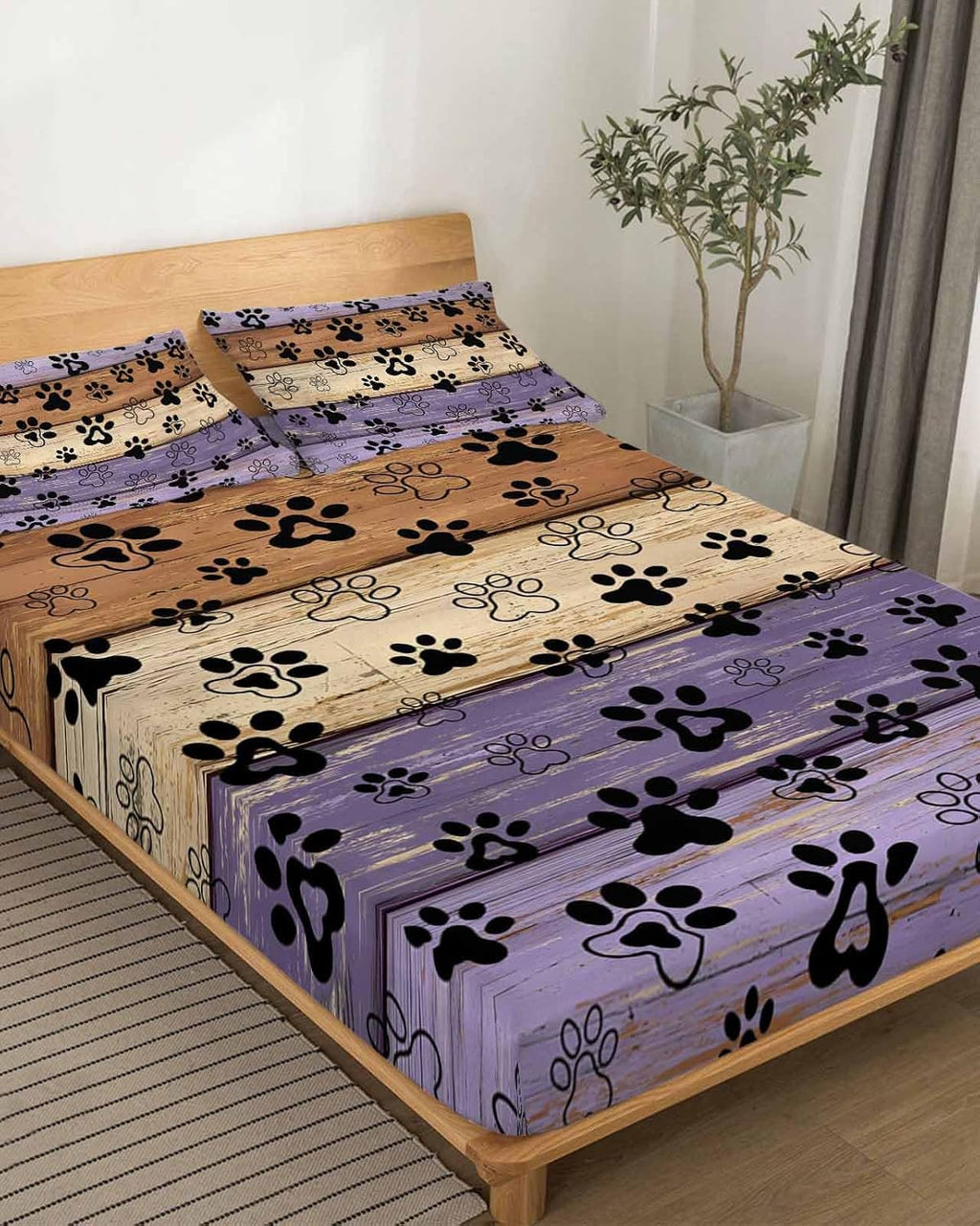 Purple Brown Cal King Sheet Set 4 Piece Bedding - Rustic Farmhouse Dog Paw Vintage Breathable Comfy Cooling Bed Sheets & Pillowcase Sets, Hotel Luxury Flat Sheets Deep Pockets Fitted Sheet