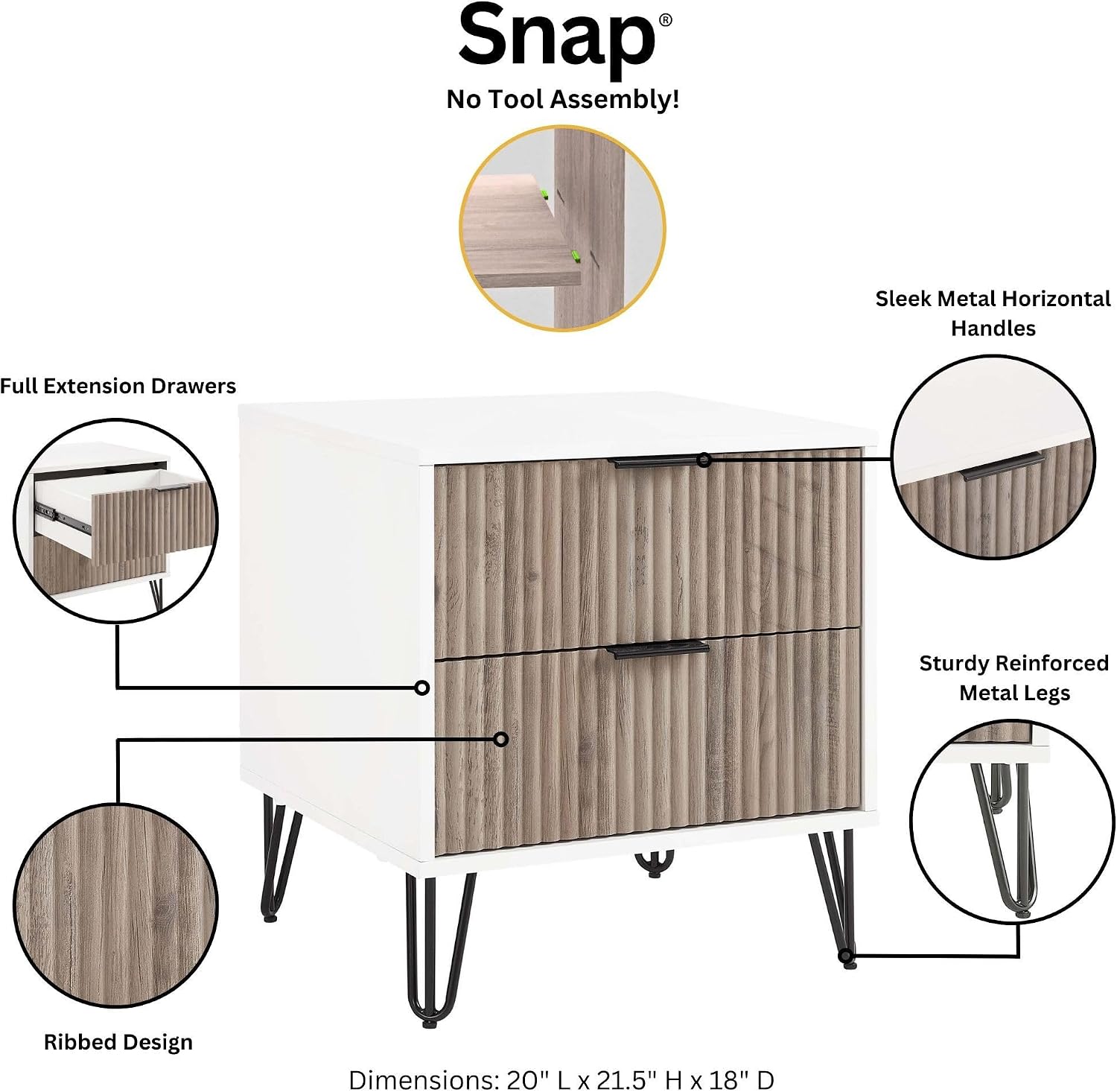 Manhattan Comfort Dumbo 3-Piece Modern Dresser Drawer and Nightstand Set, Tall and Double Low - Vertical Ribbed Design - No Tool Assembly Storage for Bedroom & Living Room, White/Grey