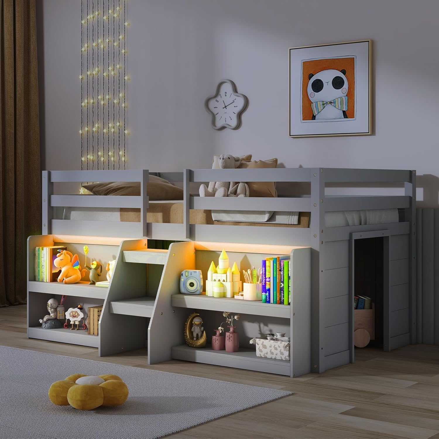 KOMFOTT Low Loft Bed with LED Light & 2 Bookcases, Wood Kids Twin Bed with Under-Bed Play Space, Stairs & Guardrails, No Box Spring Needed, Modern Low Loft Bed Frame, Grey
