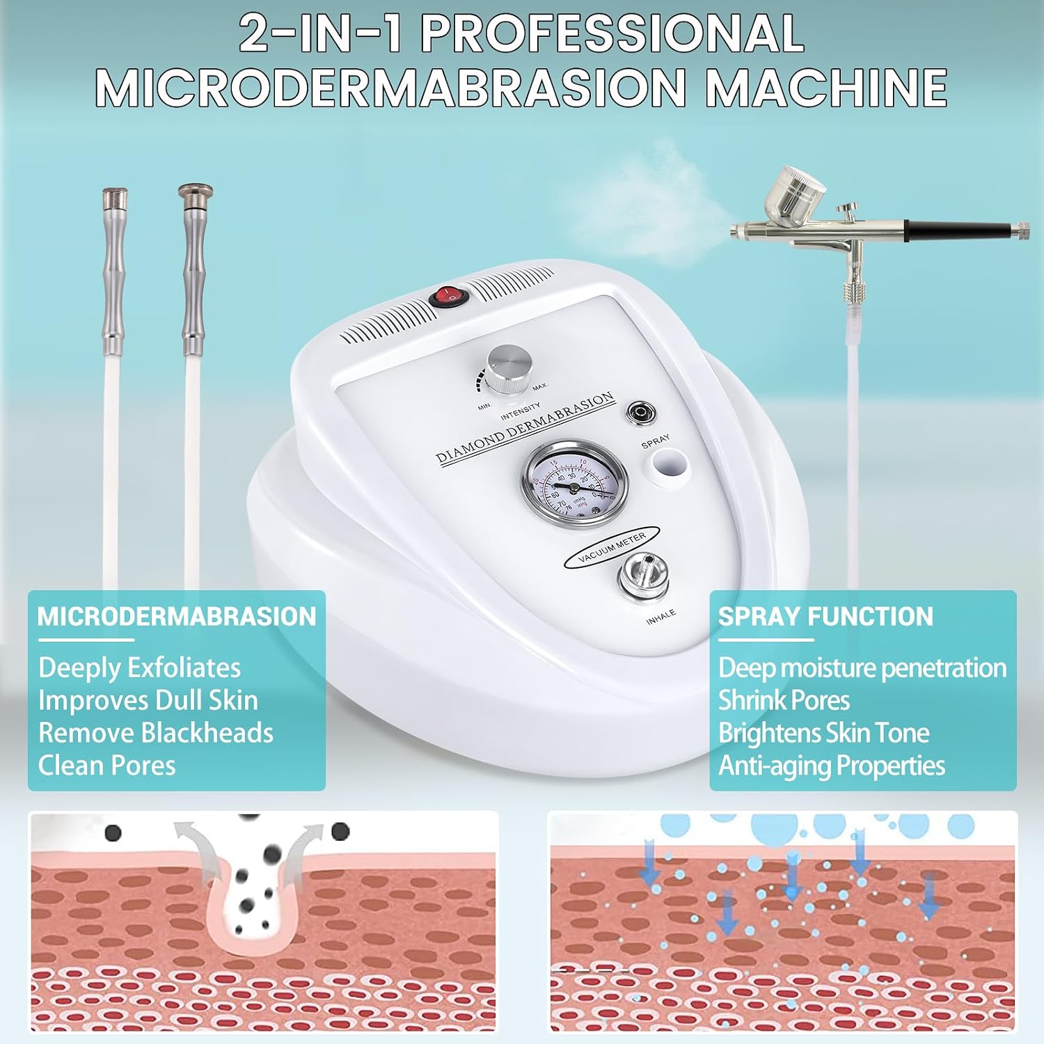2 in 1 Diamond Micro der-ma-bra-sion Machine, Yofuly 0-68cmHg Suction Power Professional Diamond Glow Facial Machine with Spray Kit, Facial Skin Care Equipment for Home Use