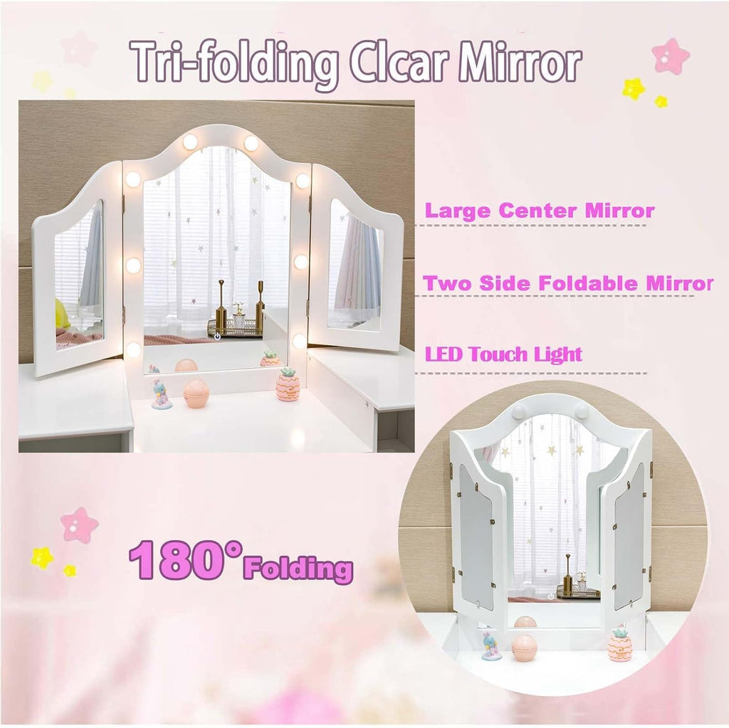 Kids Vanity Table and Chair Set, 2 in 1 Princess Vanity with Touch Light Tri-Folding Mirror, Detachable Makeup Wood Desk with Storage Shelves, Convertible Kids Desk for Girls，White