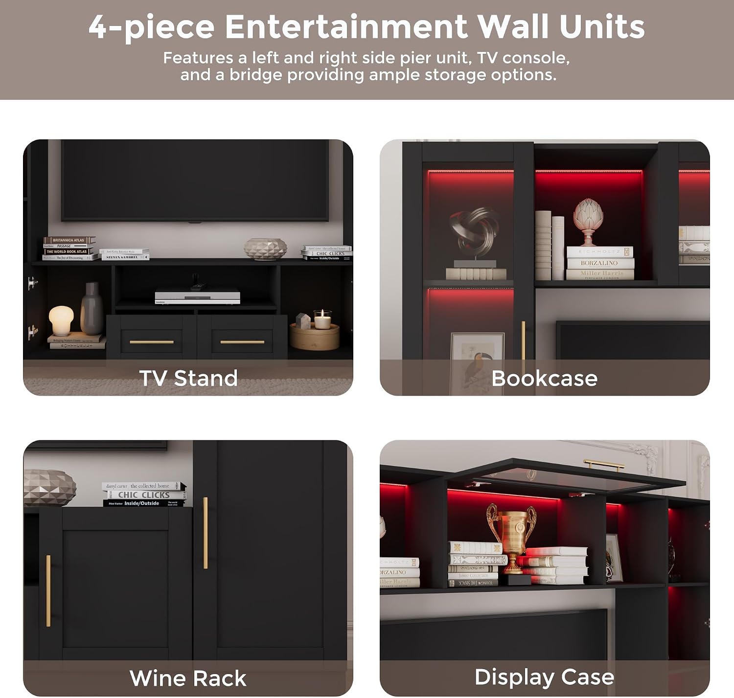 Bobve 94' Wall Unit Entertainment Center for TVs up to 70',Modern TV Console with APP LED Lights,Multifunctional TV Stand with Tempered Glass Door,Drawers & Shelves for Living Room,Black