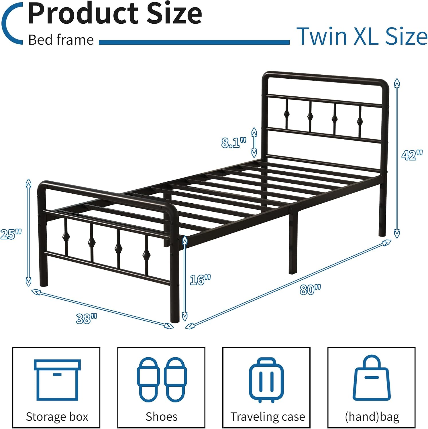 DiaOutro 16 Inch Twin XL Bed Frame with Headboard and Footboard, Classic Metal Platform No Box Spring Needed Heavy Duty Victorian Style Iron-Art Mattress Foundation/Under Bed Storage