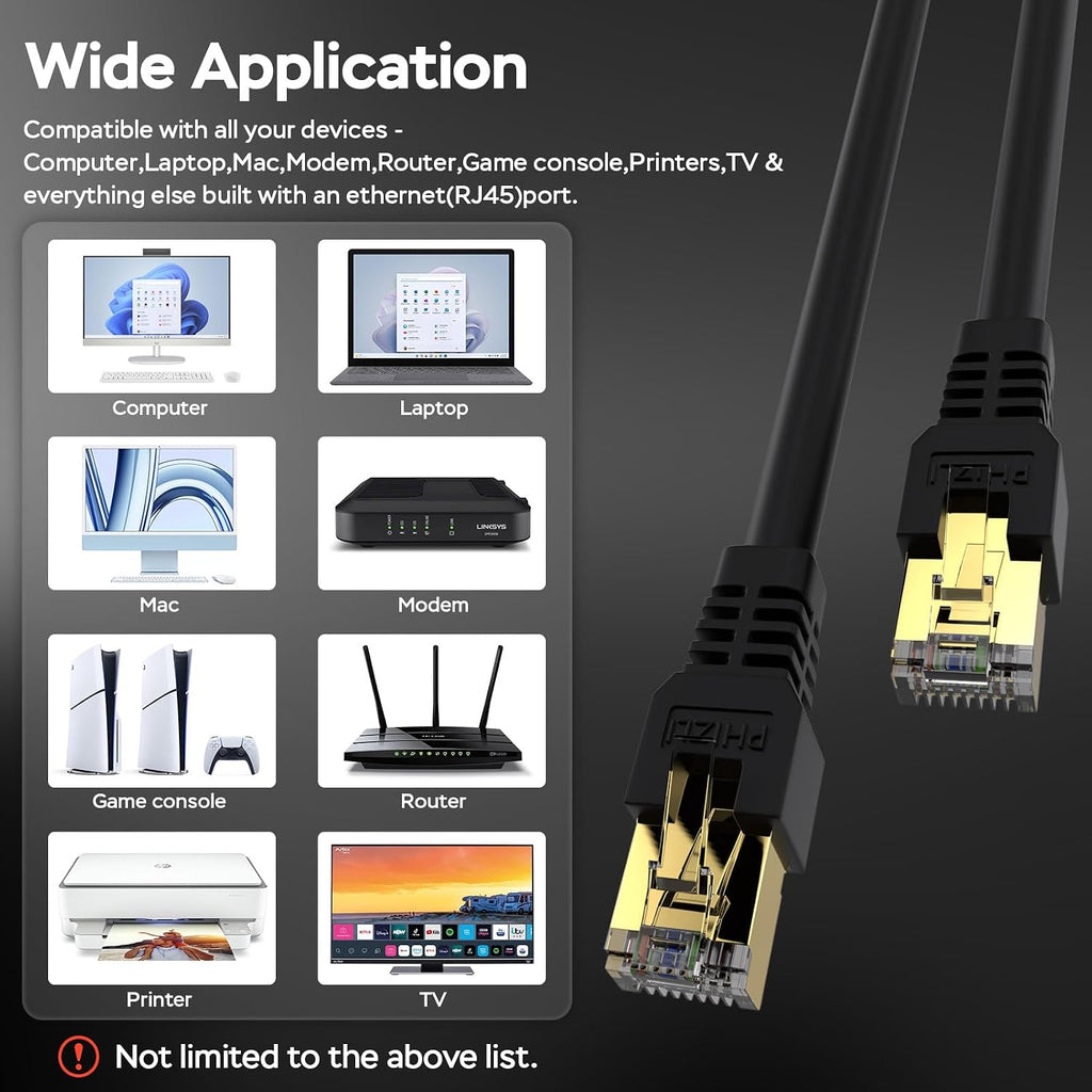Long Ethernet Cable 400ft, Heavy Duty Outdoor Cat7 3Ft 15Ft 25Ft 50Ft 100Ft 150Ft 200Ft 300Ft 400Ft Shielded Grounded UV Resistant Waterproof Buried-able Network Cord Compatible for Ca6/Cat5/Cat5e