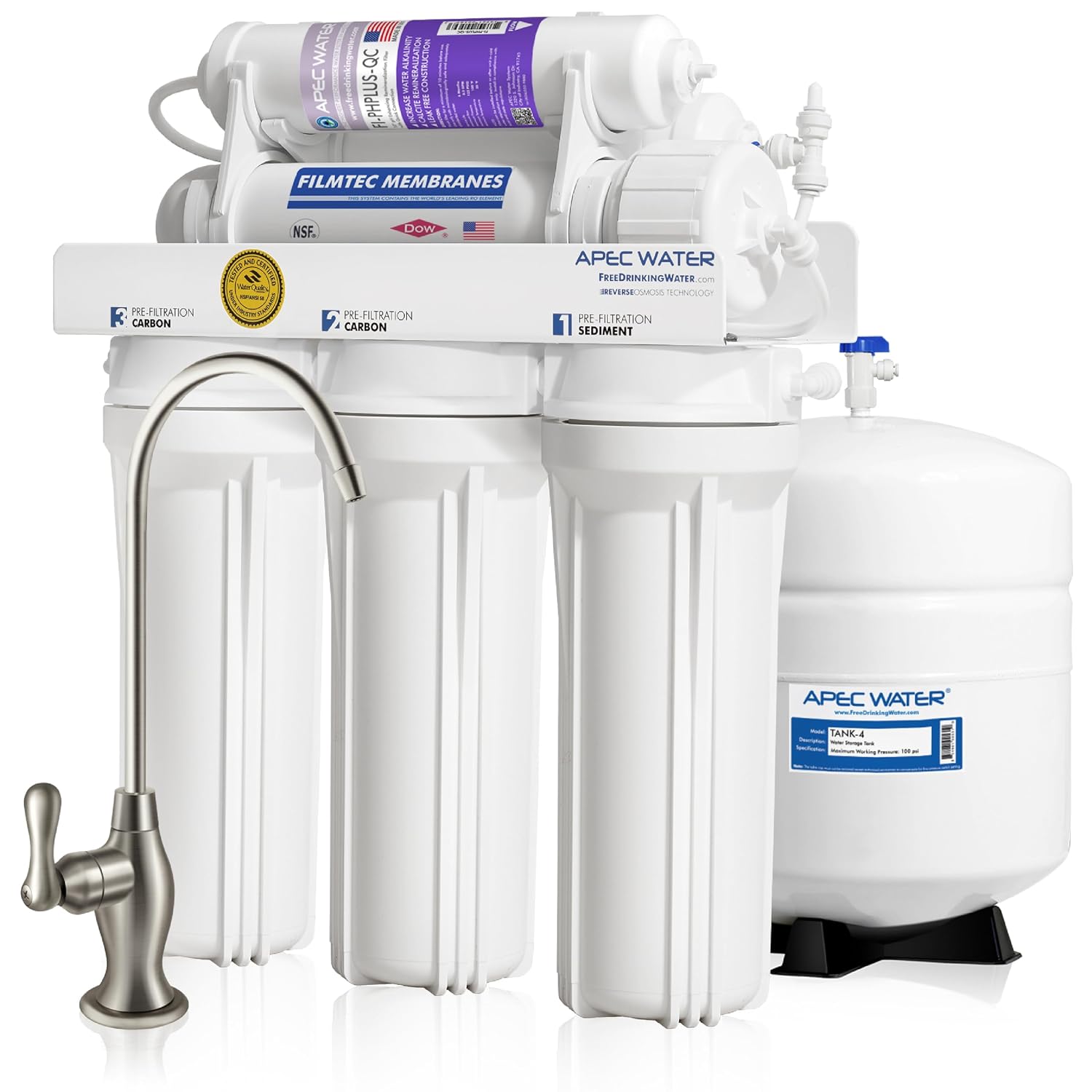 APEC Water RO-PH90, 6-Stage Alkaline Under Sink Reverse Osmosis Water Filter System, NSF Certified 372 & 58, 90 GPD, Reduces 99% of Impurities