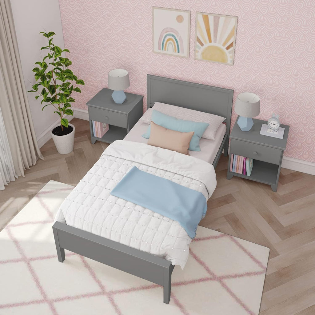Max & Lily Twin Bed, Solid Wood Twin Bed Frame with Panel Headboard, Kids Twin Bed with Wood Slat Support, No Box Spring Needed, Grey