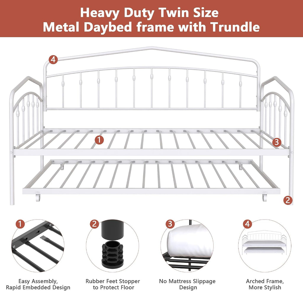 mikibama Twin Daybed with Trundle,Victorian Metal Daybeds with Pull Out Trundle,Vintage Guest Day Bed Frame Twin Size for Living Room,Bedroom,Apartment (Victorian White with Trundle)