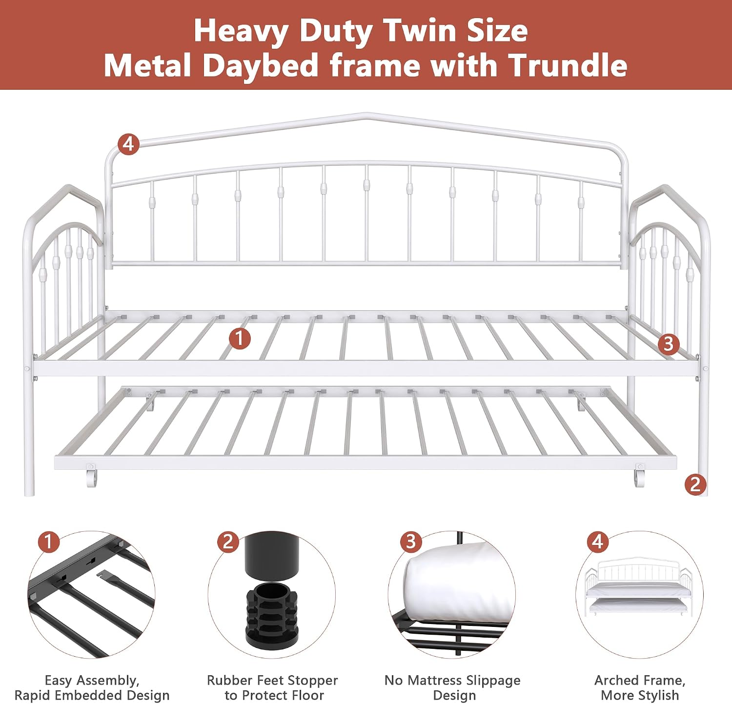 mikibama Twin Daybed with Trundle,Victorian Metal Daybeds with Pull Out Trundle,Vintage Guest Day Bed Frame Twin Size for Living Room,Bedroom,Apartment (Victorian White with Trundle)