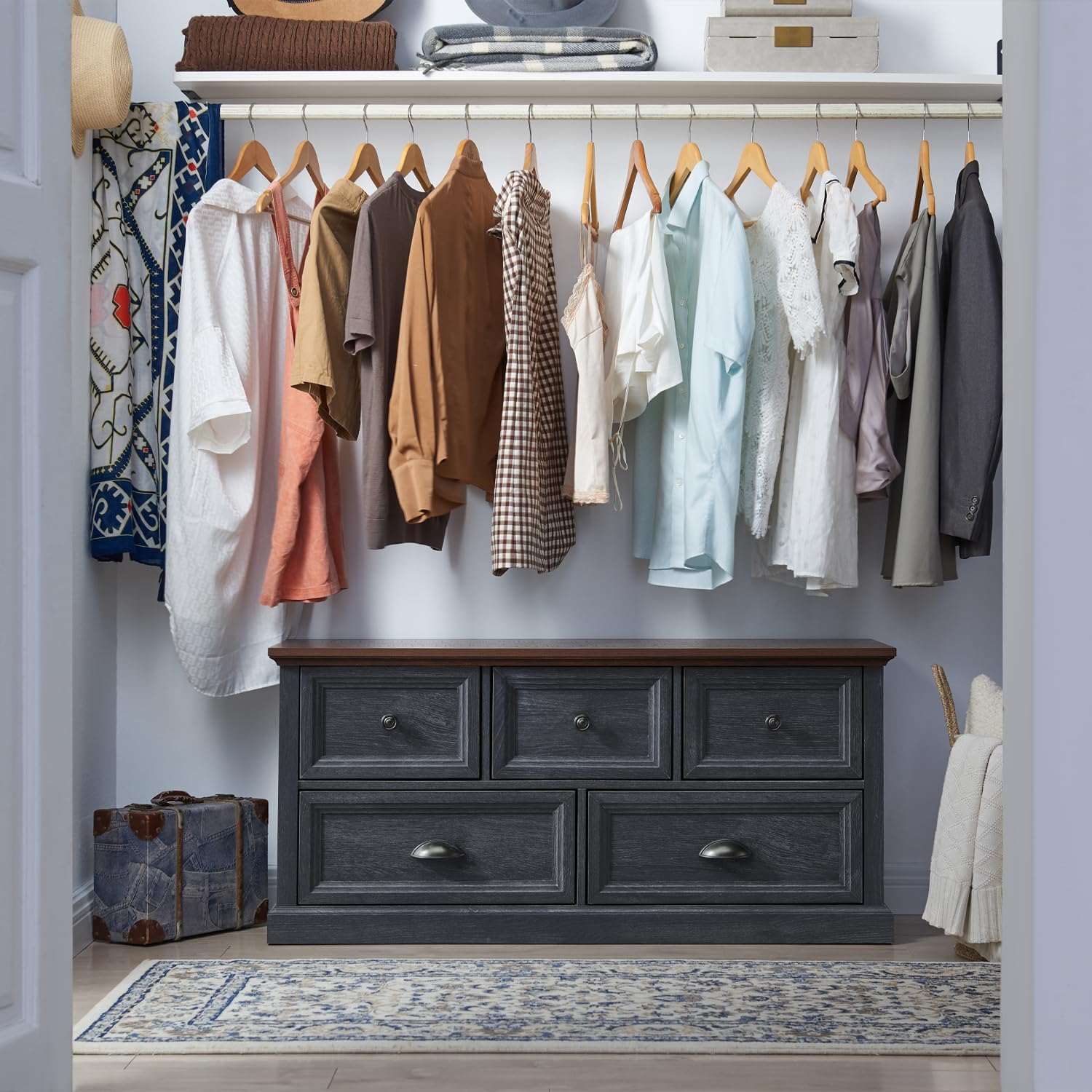 IFGET Farmhouse 5 Drawers Dresser for Bedroom, 45' Wide Chest of Drawers, 21' Tall Storage Closet Bench Storage Chest Storage Trunk, Wood Rustic Dresser for Closet, Living Room, Hallway, Dark Grey