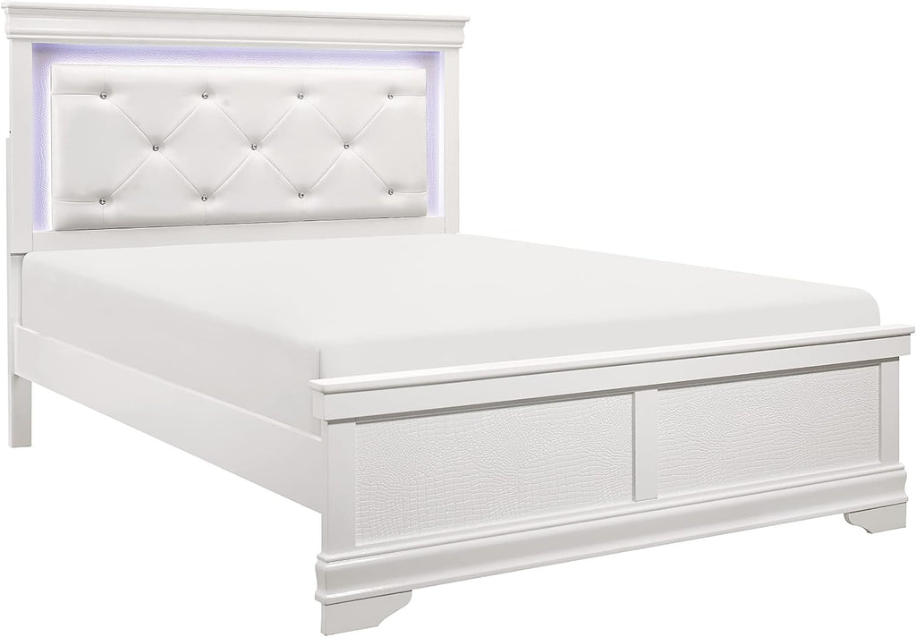 Glam Style Bedroom Set 5pcs Queen Size Bed LED Light HB White Finish Alligator Texture Panels Wooden Furniture
