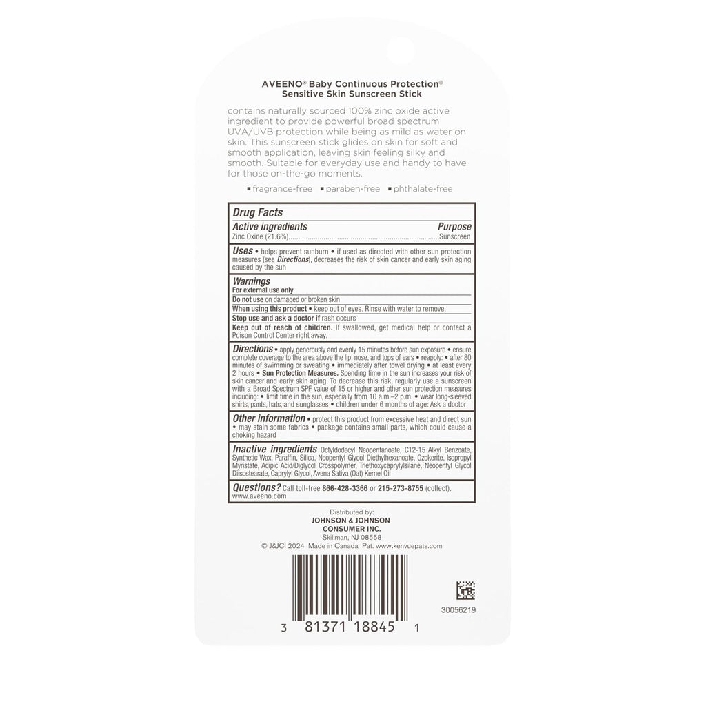 Aveeno Baby Continuous Protection Mineral Sunscreen Stick for Sensitive Skin with Broad Spectrum SPF 50 Protection for Face & Body, Naturally Sourced 100% Zinc Oxide, Travel Size, 0.47 oz (Pack of 12)