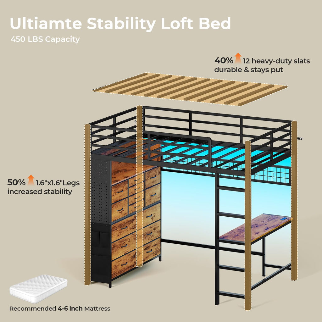 ADORNEVE Twin Loft Bed with Desk,14 Storage Drawers & Power Outlet, Kids Loft Bed Twin Size with LED Lights, Metal Loft Beds with Safety Guardrail & Ladder, Space Saving for Teens, Rustic Brown