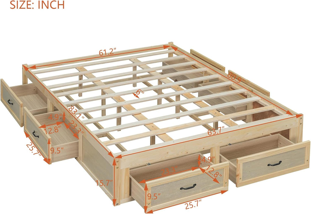 Queen Size Wooden Platform Bed with 6 Storage Drawers, No Box Spring Needed (Antique Natural, Queen)