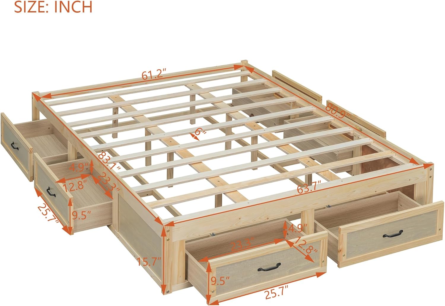 Queen Size Wooden Platform Bed with 6 Storage Drawers, No Box Spring Needed (Antique Natural, Queen)
