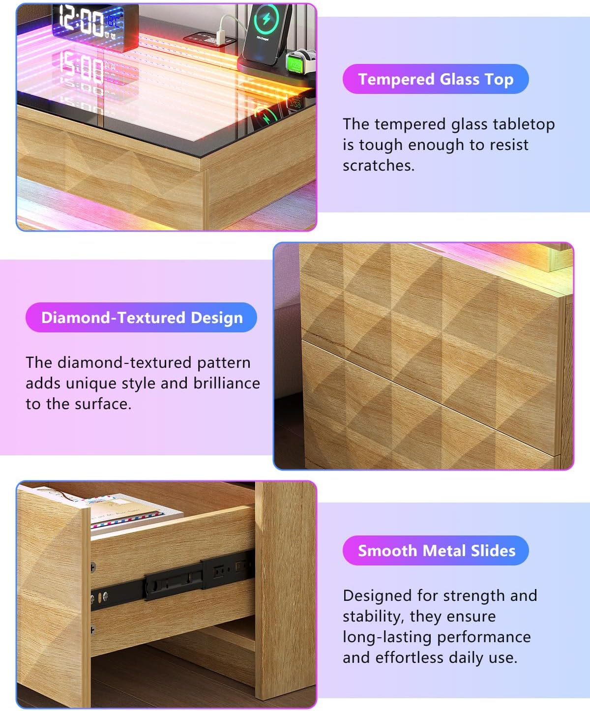 Bedside Table with Charger Station and RGB Lights, Nightstand with 3 Drawers and Sliding Top, Modern Night Stand with Human Body Sensor for Bedroom & Living Room, Wood