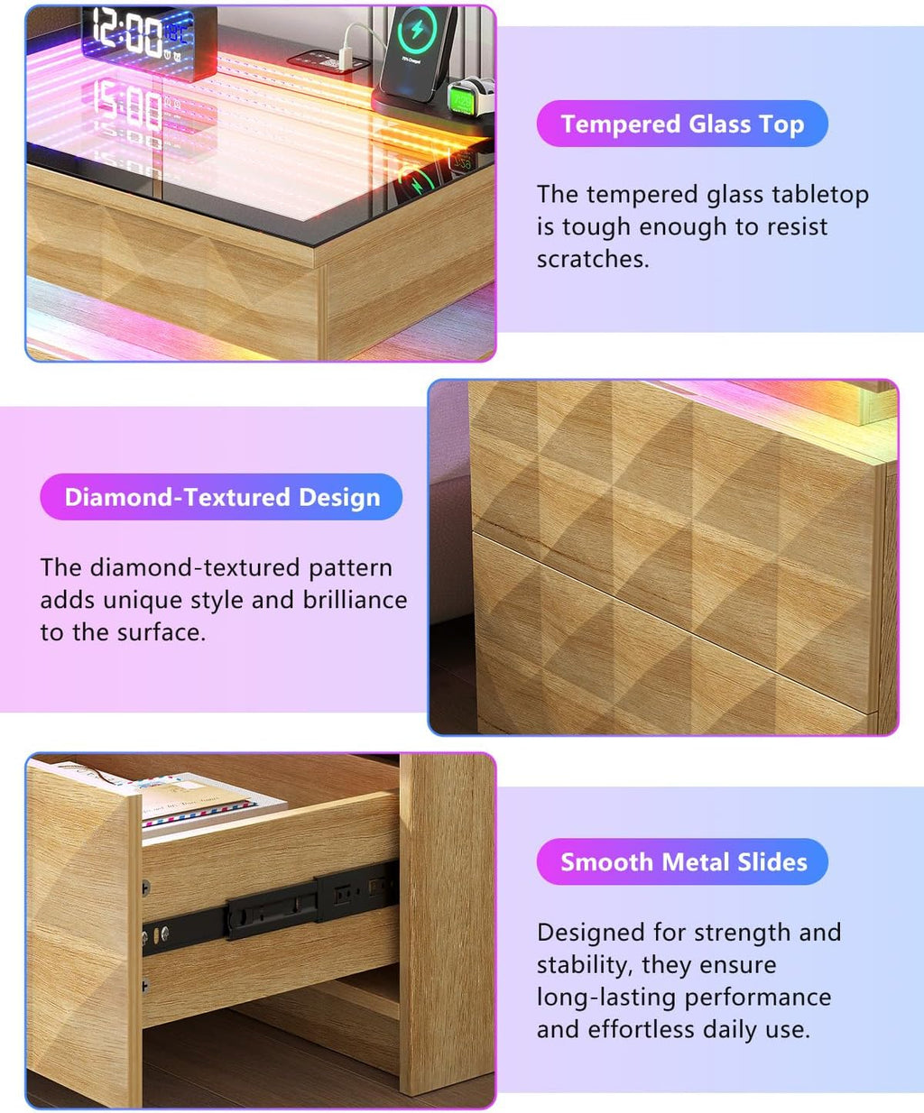 Night Stand Set 2 with Charger Station & RGB Lights, 3 Drawers Bedside Table with Sliding Top, Modern Night Stands with Human Body Sensor for Bedroom, Wood