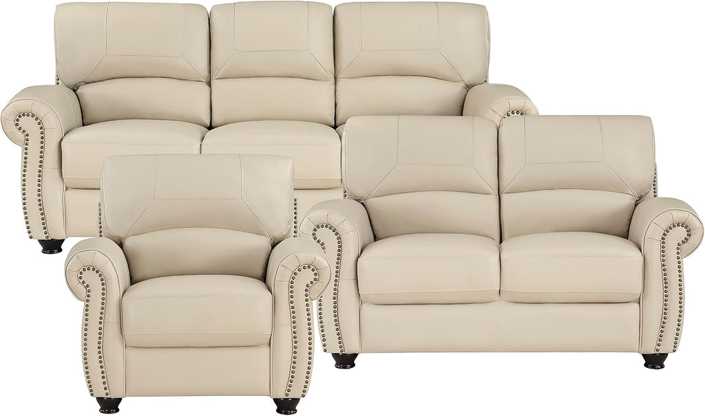 Lexicon Leather Match Sofa Set, Top Grain Leather Match Living Room Furniture Sets, Include Sofa Couch, Loveseat and Arm Chair, 3-Piece Set, Cream