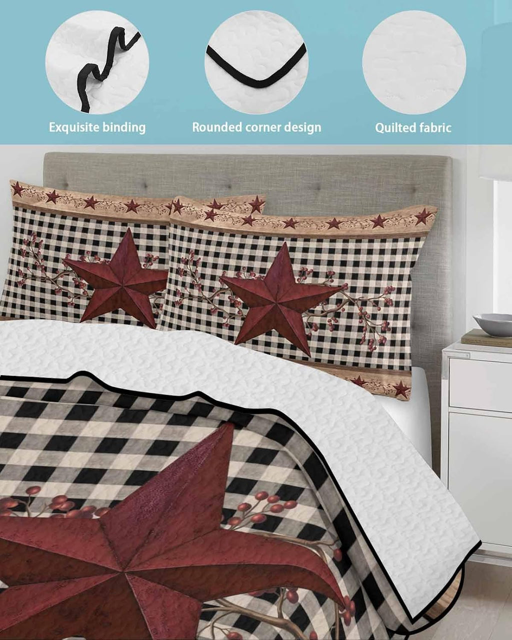 Quilt King Size Bedding Set, Red Texas Star Farmhouse Lightweight Summer Quilt 3 Pieces Bedding Sets, Black Plaid Berry Country Reversible Soft Bedspreads Coverlets with 2 Pillow Shams for All Season