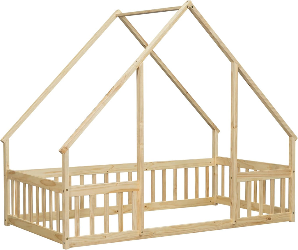 JIVOIT House Bed Twin Size Floor Bed, Wood House-Shaped Floor Bed with Fence Guardrails, Wood House Roof Frame, Montessori Bed Frame (Natural-Twin,129)