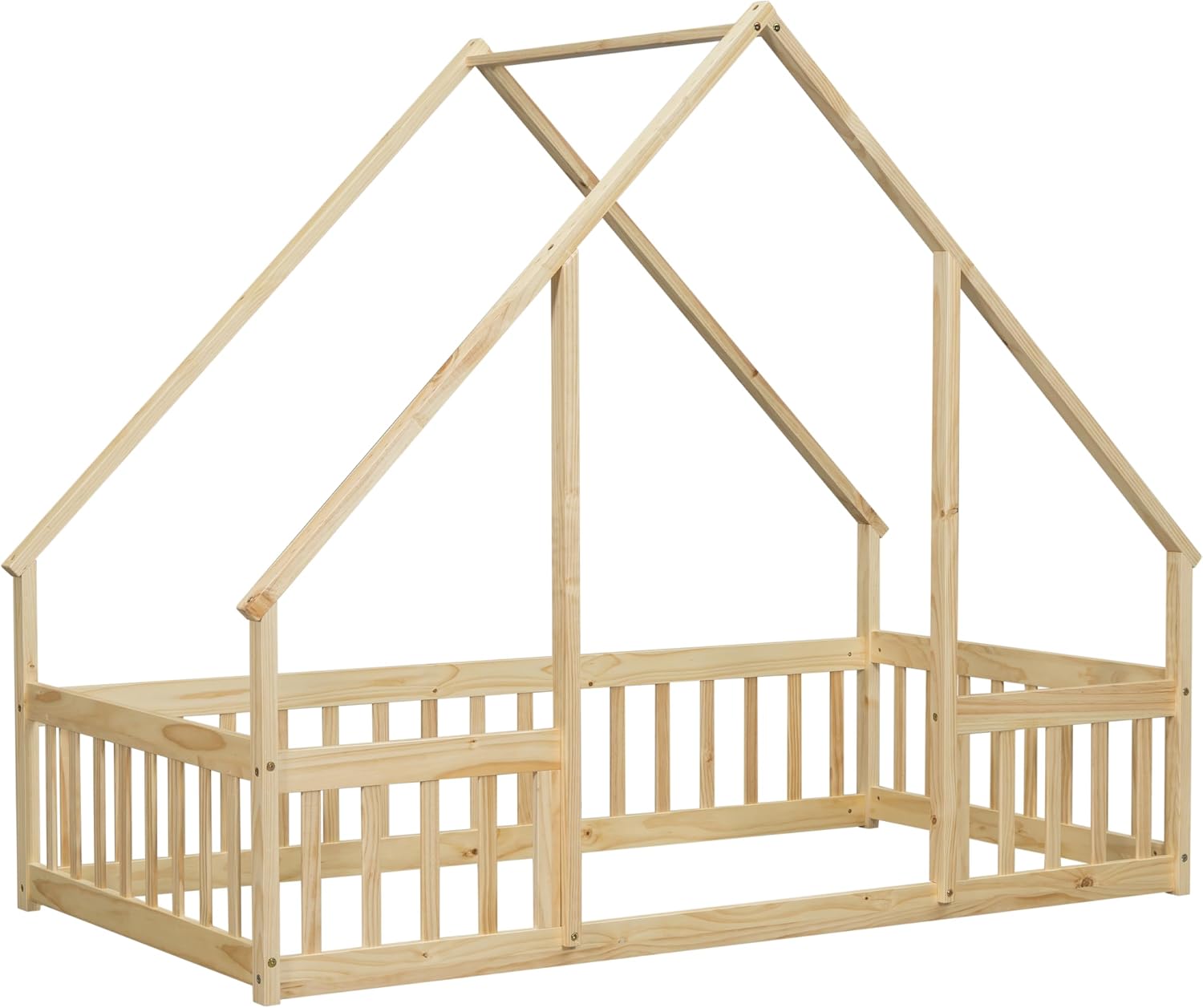 JIVOIT House Bed Twin Size Floor Bed, Wood House-Shaped Floor Bed with Fence Guardrails, Wood House Roof Frame, Montessori Bed Frame (Natural-Twin,129)