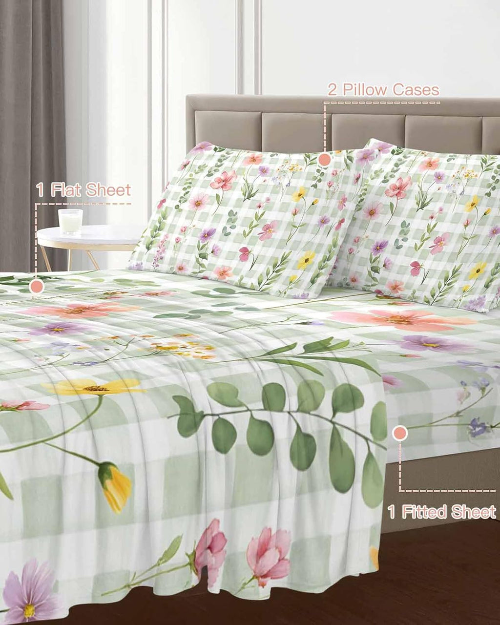 Spring Floral Cal King Sheet Set 4 Piece Bedding - Pink Flowers Green Plaid Pastoral Breathable Comfy Cooling Bed Sheets & Pillowcase Sets, Hotel Luxury Flat Sheets Deep Pockets Fitted Sheet