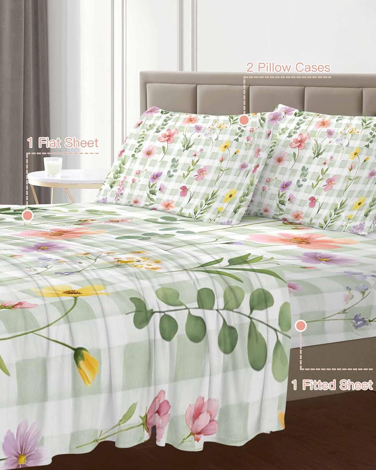 Spring Floral Cal King Sheet Set 4 Piece Bedding - Pink Flowers Green Plaid Pastoral Breathable Comfy Cooling Bed Sheets & Pillowcase Sets, Hotel Luxury Flat Sheets Deep Pockets Fitted Sheet