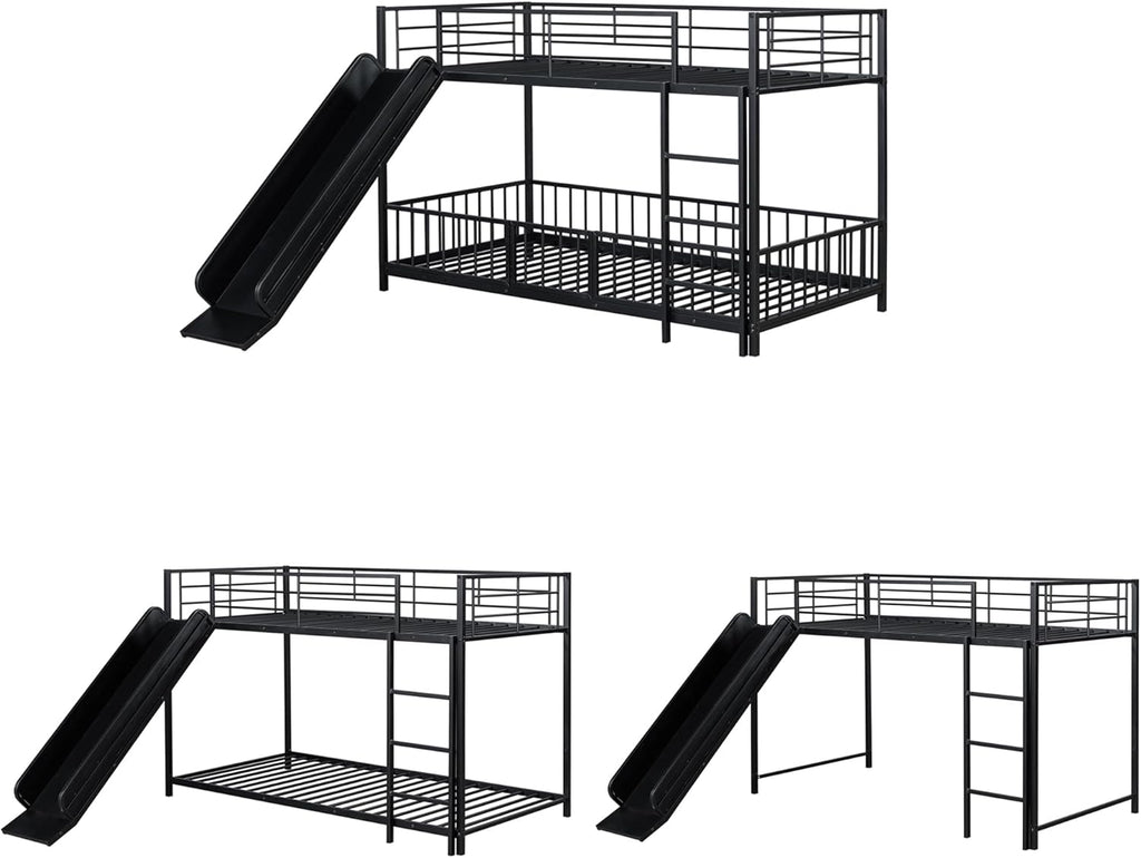 JIVOIT Metal Bunk Bed Frame with Slide and Ladder, Twin Over Twin Size Bunk Bed with Metal Slats Support, Heavy Duty Metal Low Bunk Bed, No Box Spring Needed (Black,Twin,09)