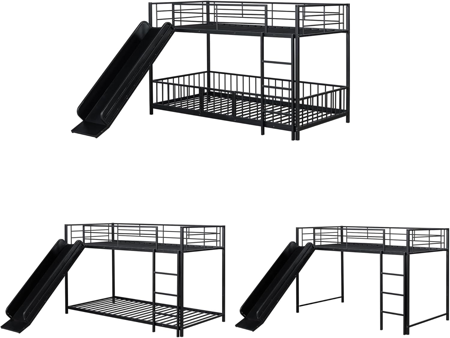 JIVOIT Metal Bunk Bed Frame with Slide and Ladder, Twin Over Twin Size Bunk Bed with Metal Slats Support, Heavy Duty Metal Low Bunk Bed, No Box Spring Needed (Black,Twin,09)