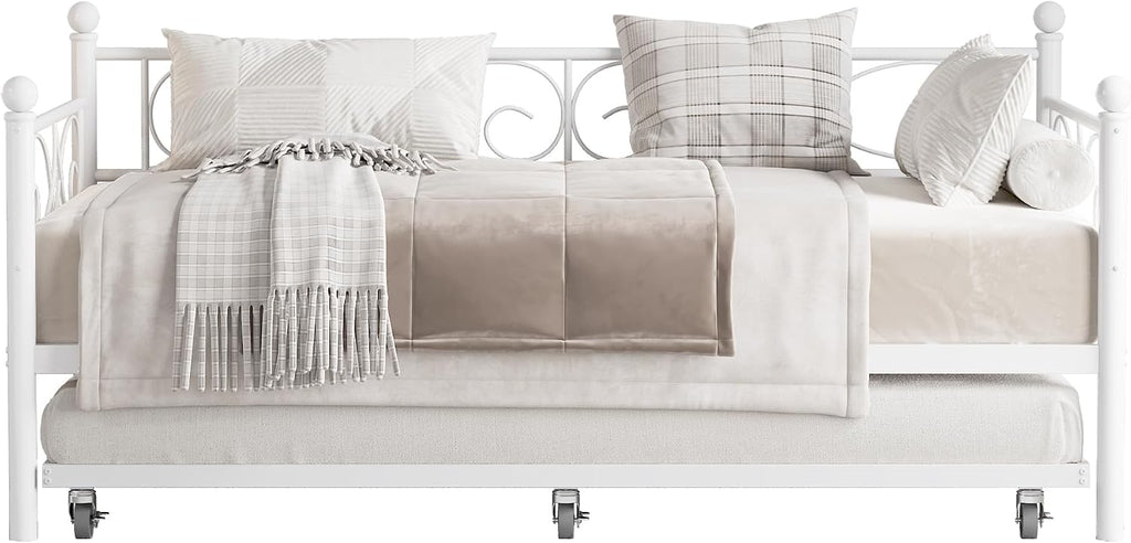 Heavy Duty Twin Daybed with Trundle, Metal Sofa Bed Frame with Floral Headboard & Slats, No Box Spring Needed, Multifunctional Platform Bed for Guest Room, Bedroom,White