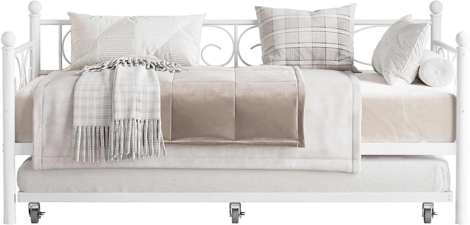 Heavy Duty Twin Daybed with Trundle, Metal Sofa Bed Frame with Floral Headboard & Slats, No Box Spring Needed, Multifunctional Platform Bed for Guest Room, Bedroom,White