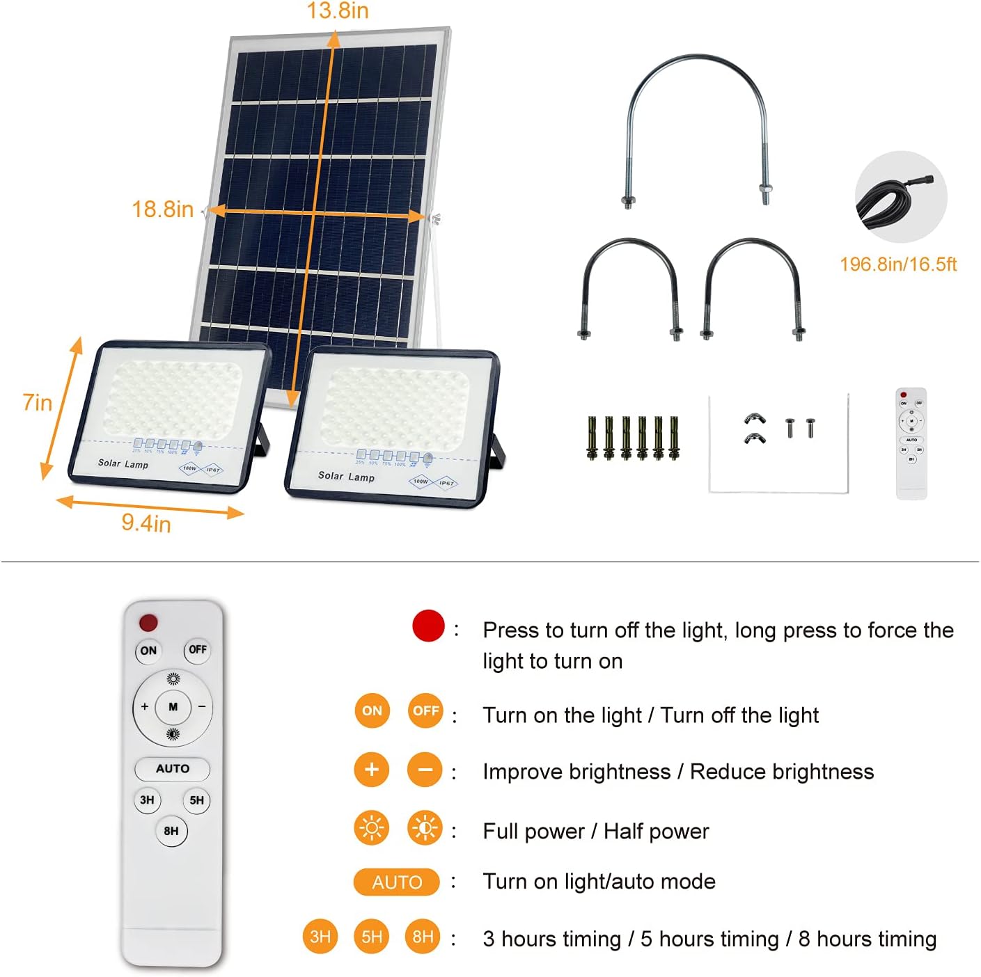 2 Pack 100W LED Solar Flood Lights Outdoor with Remote,Dusk to Dawn Solar Security Street Light Waterproof IP67 for Fence,Garden,Pool,Barn,Lawn,Flag Pole White