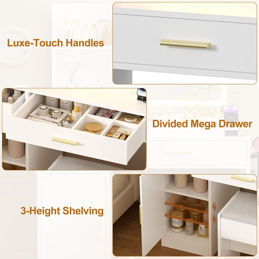 ERLEJIA Vanity Desk with Mirror and Lights & Extral Foldable Desk, 31.5' & 39.3' Makeup Vanity Table with 4 Drawers and 3 Open Shelves, Dressing Table for Bedroom, White