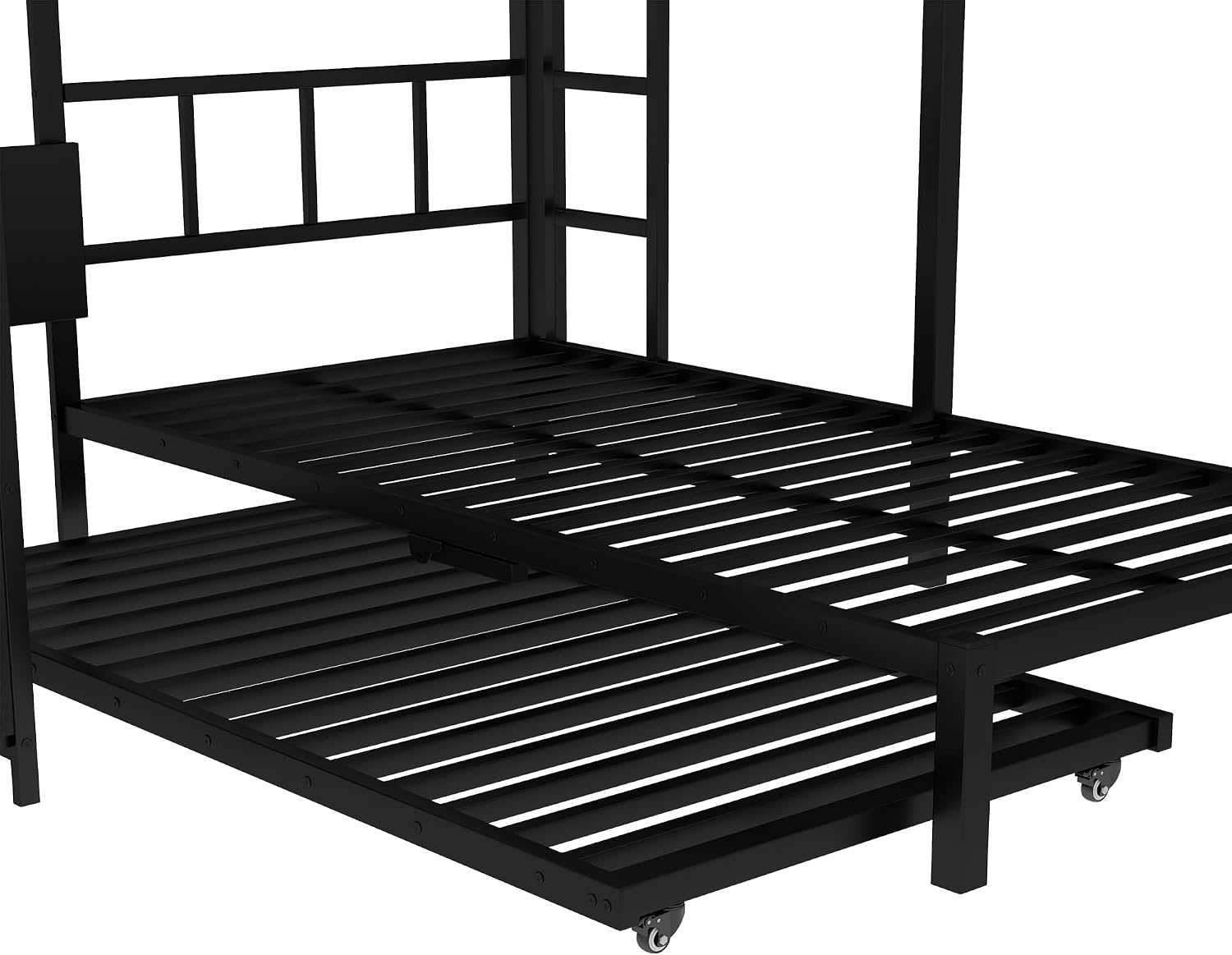 JIVOIT Metal Bunk Bed with Trundle, Twin Over Twin Bunk Bed with Foldable Desk, Built-in Wardrobe, Ladders and Safety Guard, Noise-Reduced Design, Space-Saving, No Box Spring Needed