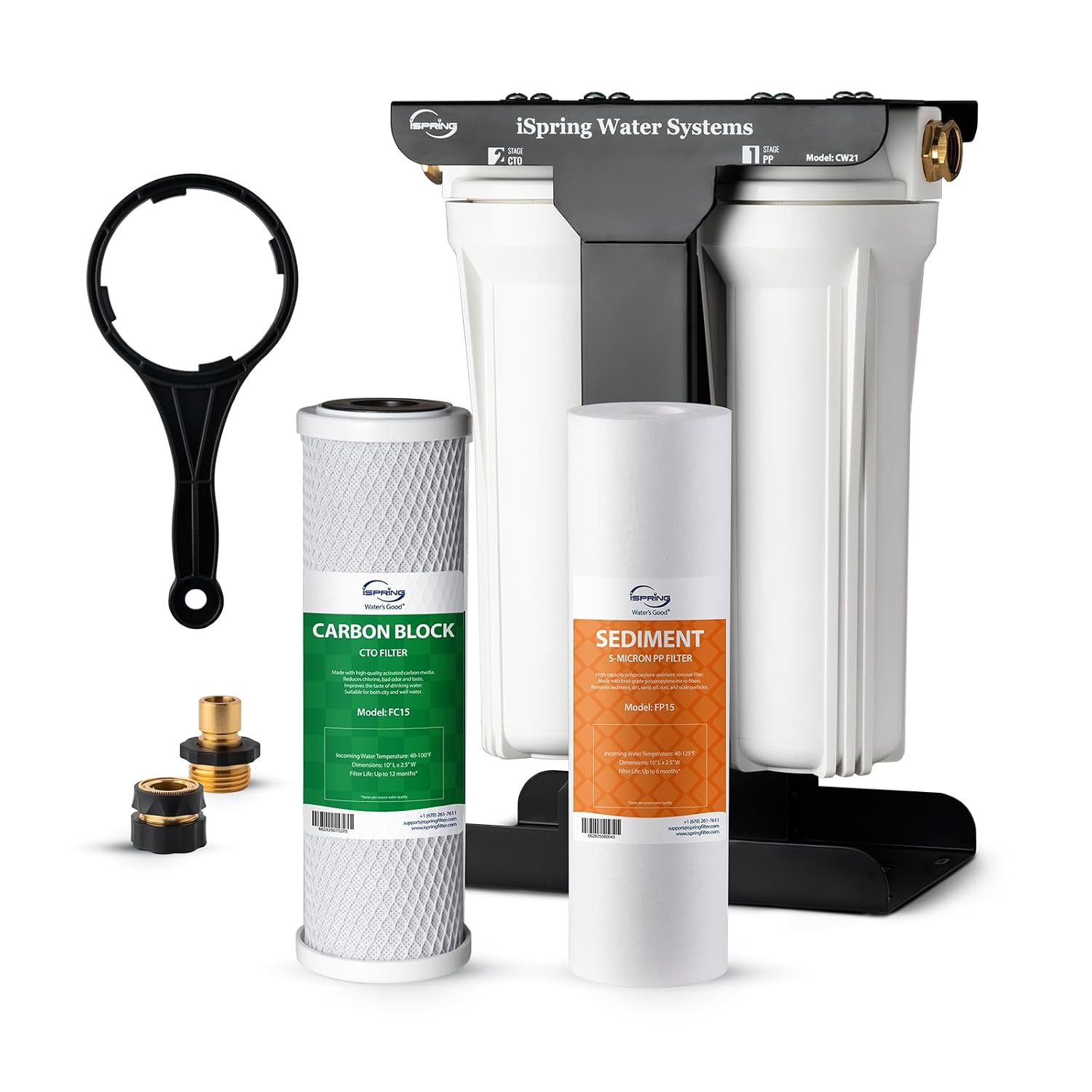 iSpring 2-Stage RV Water Filter System, Removes up to 99% Contaminants, Including Chlorine, Sediment, Sand, Dirt, Odor, and Color, Leak-Free Brass Fittings, External Mounting Bracket, Model: CW21