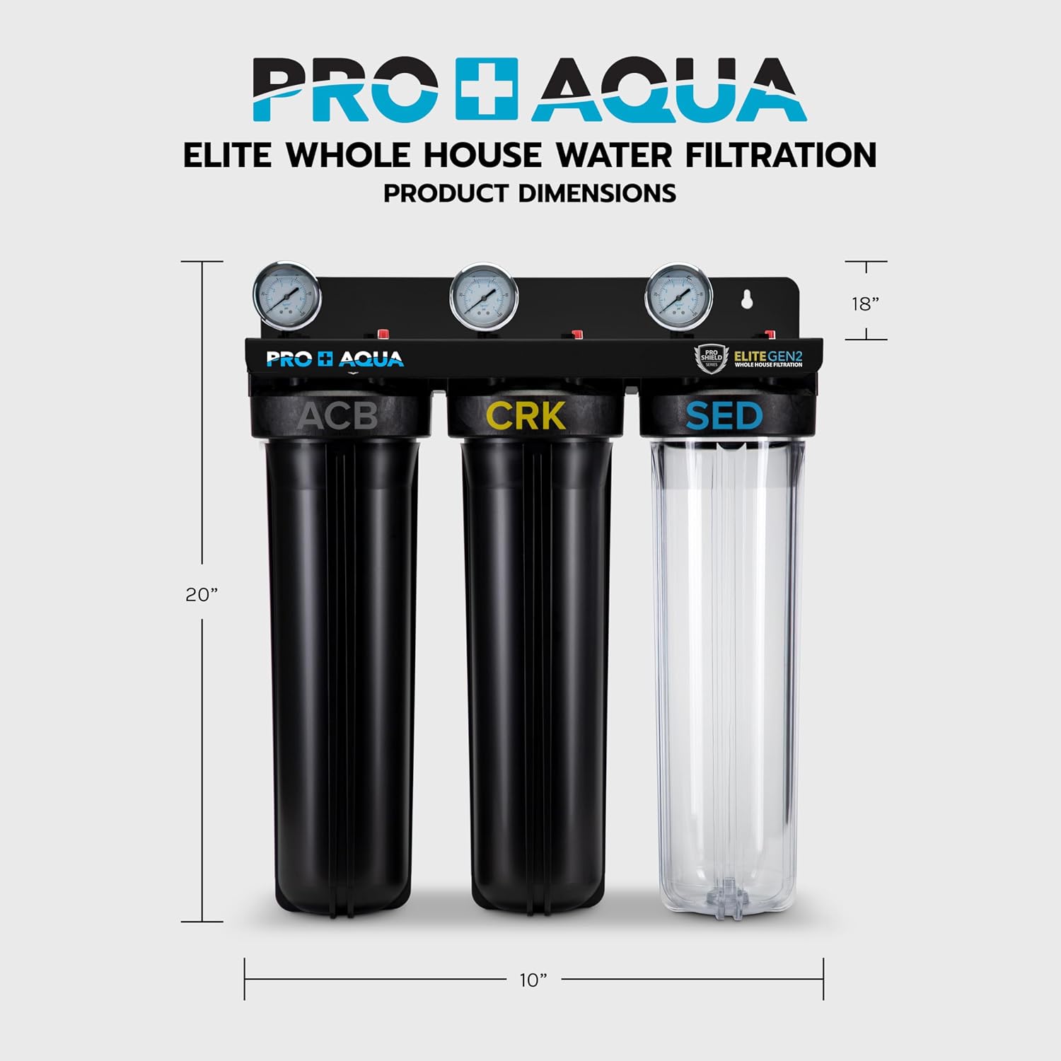 PRO+AQUA Elite Series GEN2 PRO-100-E 3-Stage Whole House Water Filtration System for City & Well Water with Pressure Gauges | Reduces Contaminants, Sediment, Chemicals, Heavy Metals, with 1' Ports