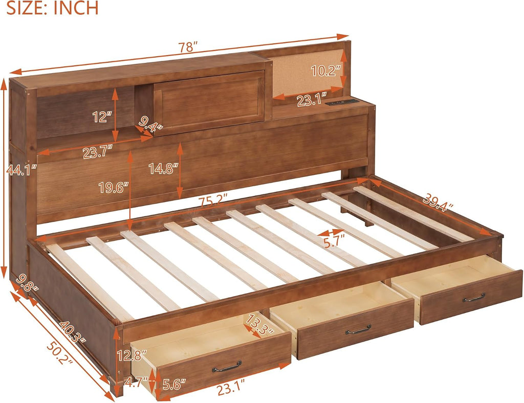 Twin Size Wooden Daybed with 3 Storage Drawers and Shelf, Multi-Functional Sofa Bed Frame with Upper Soft Board, USB Ports and A Set of Sockets for Kids Teens Adults (Brown-OP43)