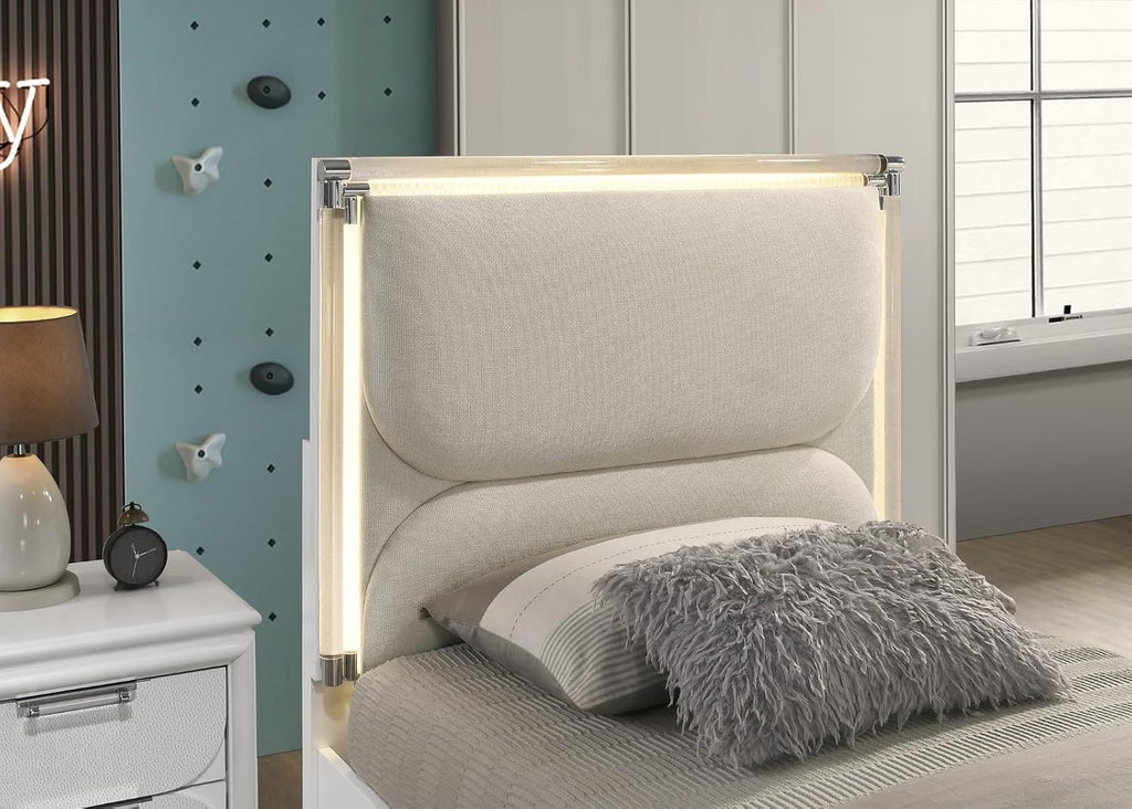 Pearl White Twin Size Bed W Trundle 2X Nightstands Embossed Panel 3pc Bedframe Bedroom Furniture