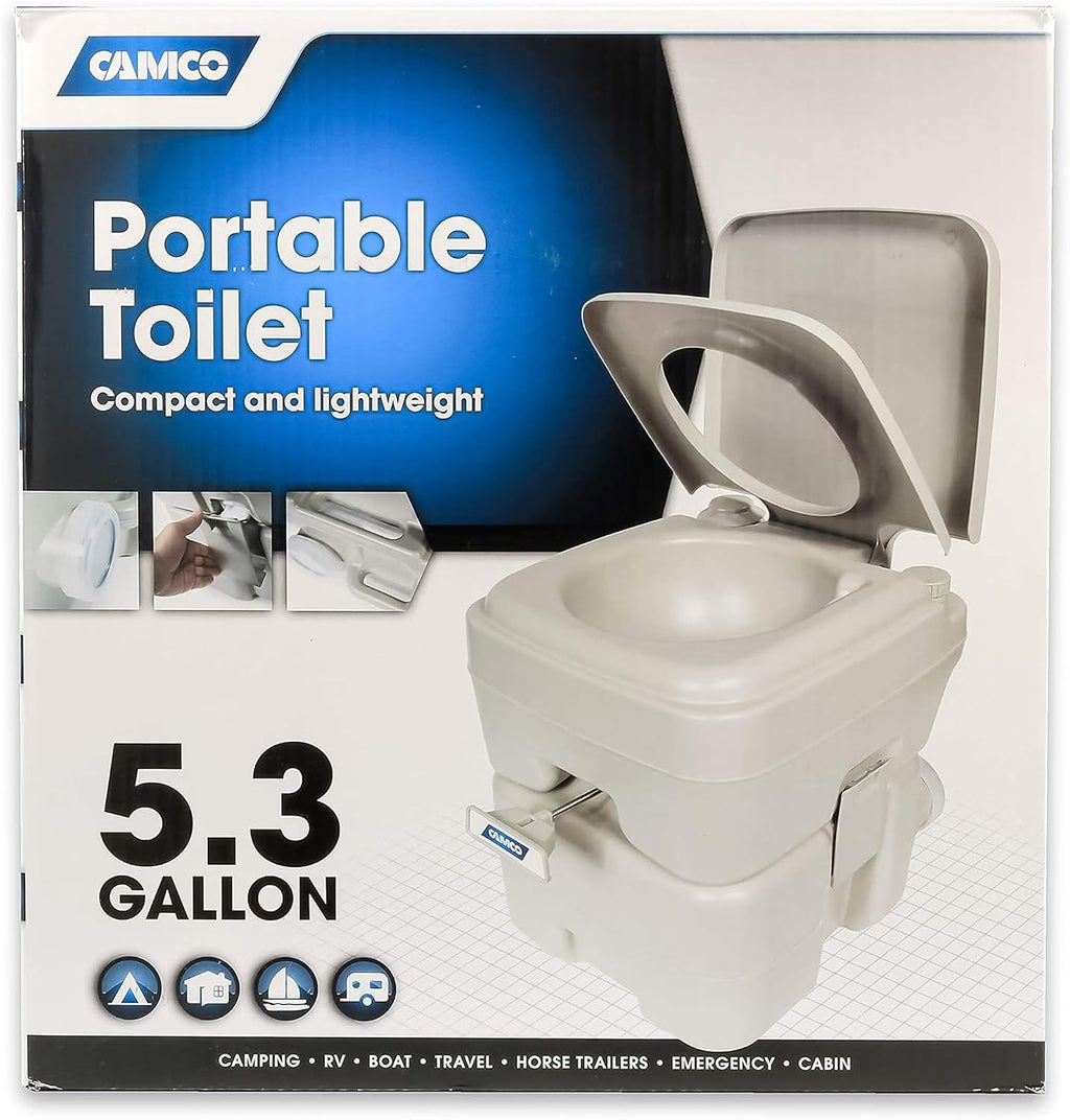 Camco 5.3-Gallon Portable Toilet - Features Detachable Holding Tank w/Sealing Slide Valve & Bellow-Type Flush - Easy Transport w/Compact Lightweight Design & Carry Handle - Gray (41541)