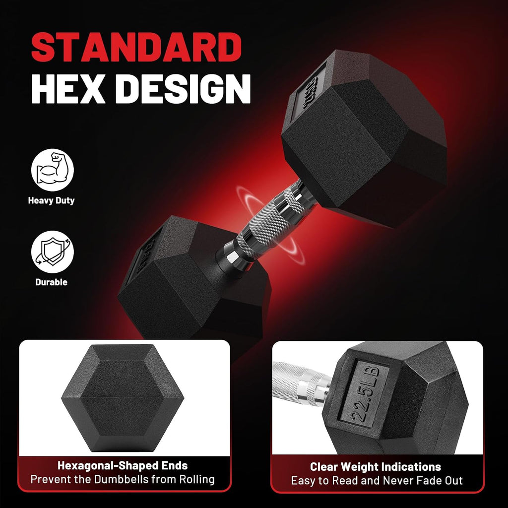 PAPABABE Dumbbell Set Rubber Encased Hex Dumbbell Free Weights Dumbbells Set Home Weight Set- 140 lb Set (Pair of 5, 8, 10, 12, 15, 20 lb with Rack)