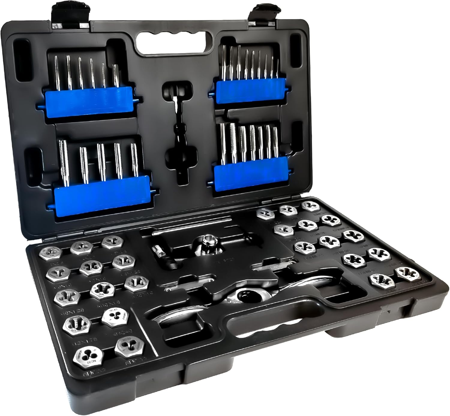 Champion Cutting Tool 62-Piece Tap and Die Set, UNC/UNF, SAE, Metric Sizes with Ratcheting Wrench, High Speed Plug Taps & Hex Dies for Metalworking, Automotive, Construction, Part# CS60P-A