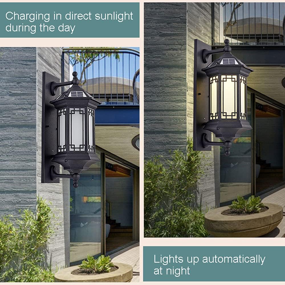 Solar Wall Lanterns Outdoor Waterproof Wall Light, Exterior Wall Mount Porch Light, Aluminum Black Wall Sconce with Frosted Glass Shade for Entryway Porch Front Door