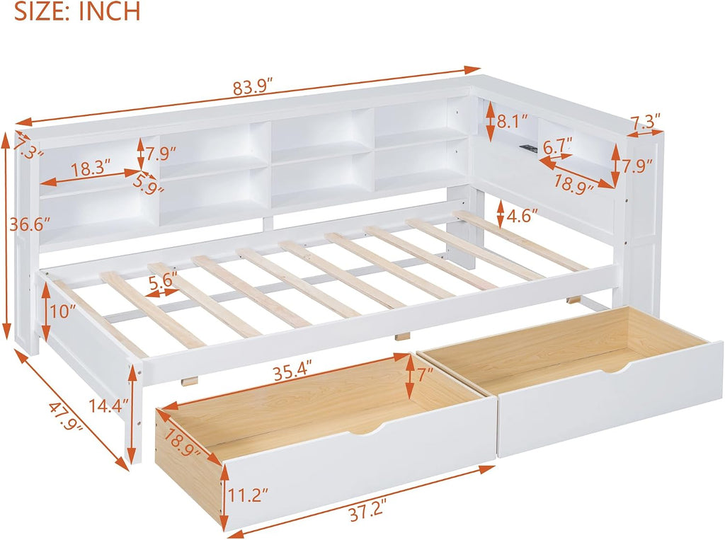 Twin Size Daybed with 2 Drawers,Minimalist Wooden Sofa Bed Frame with Storage Shelf and USB Charging Ports for Bedroom, Studyroom, Guestroom, Livingroom (White-wd56)