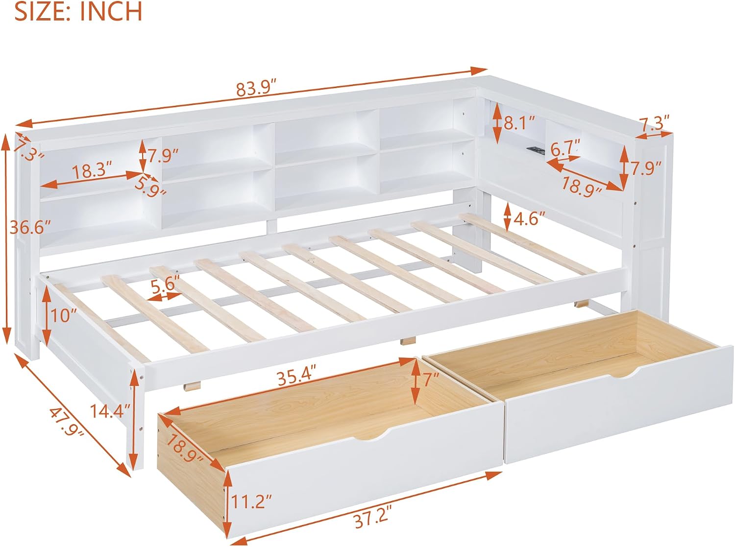 Twin Size Daybed with 2 Drawers,Minimalist Wooden Sofa Bed Frame with Storage Shelf and USB Charging Ports for Bedroom, Studyroom, Guestroom, Livingroom (White-wd56)