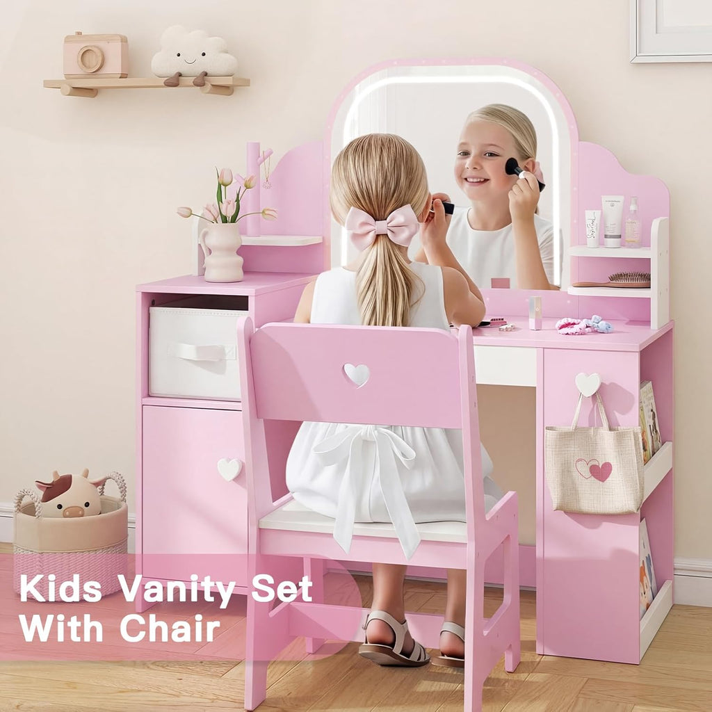 Frogprin Kids Vanity with Lights and Chair, Princess Makeup Vanity Desk with Mirror Bookshelf Storage Cabinet,3 in 1 Toddler Vanity Table,Makeup Dressing Table,Pretend Play Vanity for Little Girl-Pink