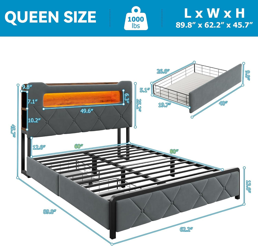 Jocoevol Queen Upholstered LED Bed Frame with 2 Storage Drawers and 2-Tier Storage Headboard, Velvet Platform Bed with Charging Station & Bookcase, Corner Bed Frame, Heavy Duty Metal Support, Grey